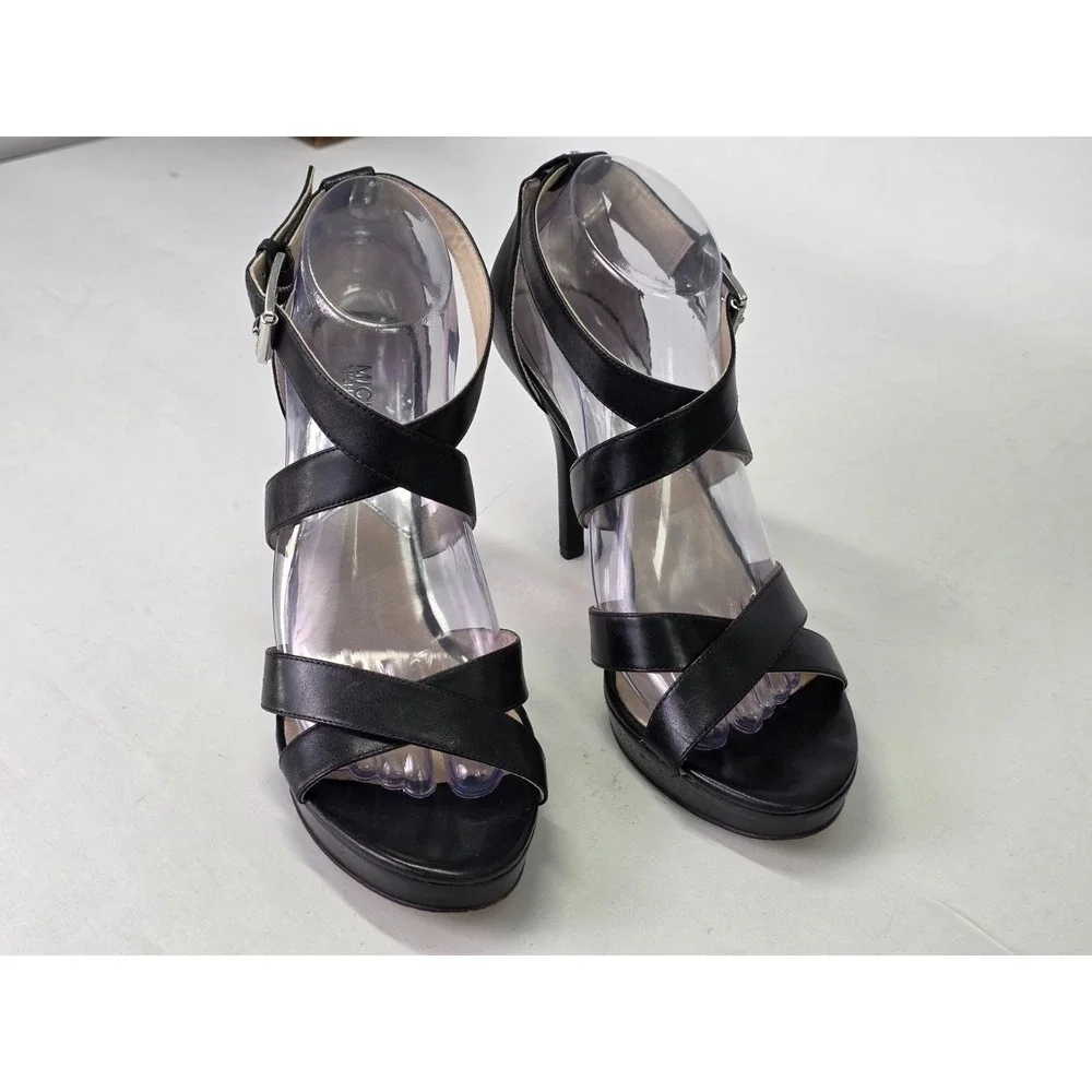 Michael Kors Evie Women's Heels Size 9.5 M Black‎ Leather Platform Sandals Shoes